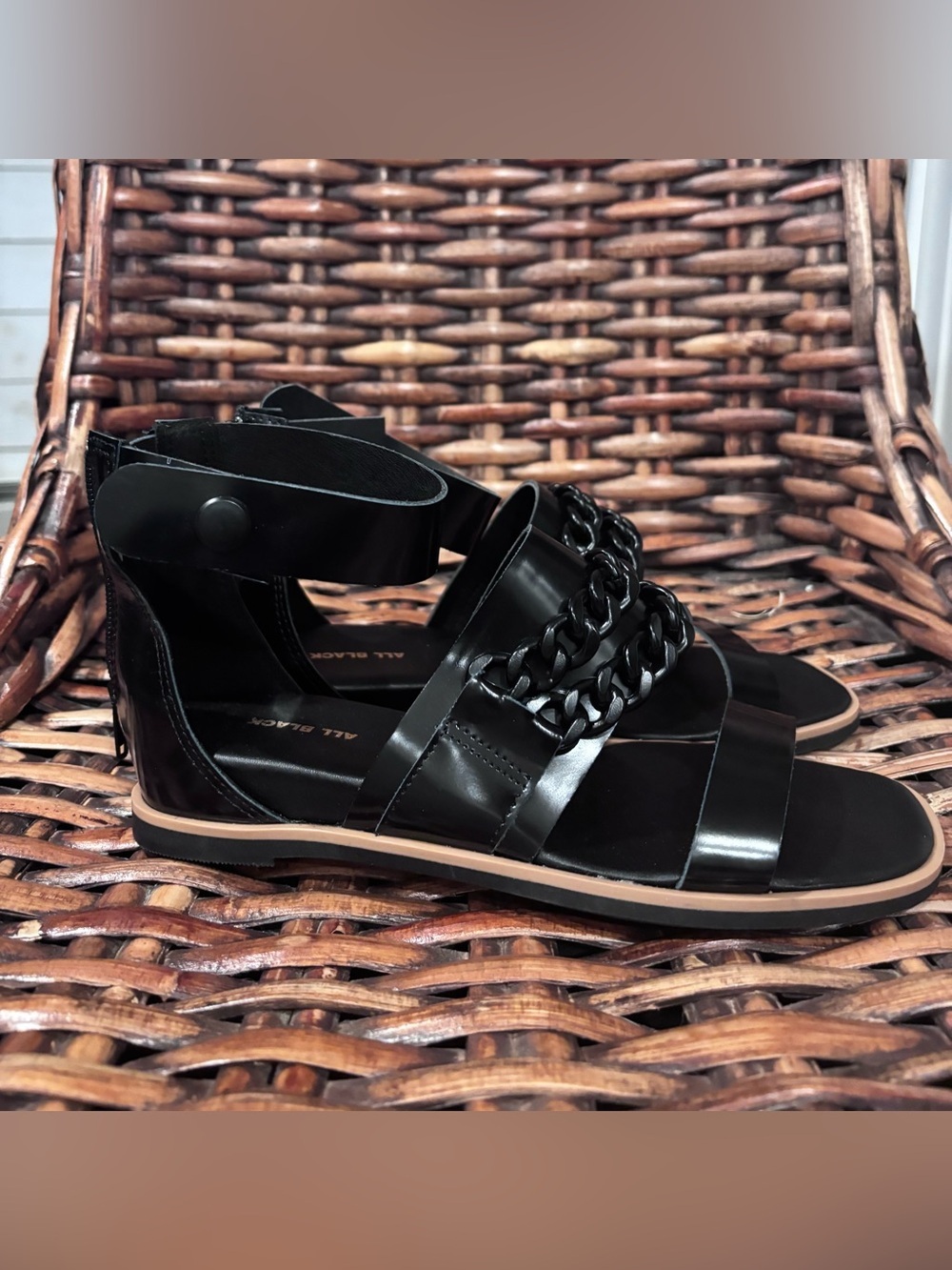 Anthropology-All Black Chain-Accent Gladiator Sandals - Black . Never worn 6.5